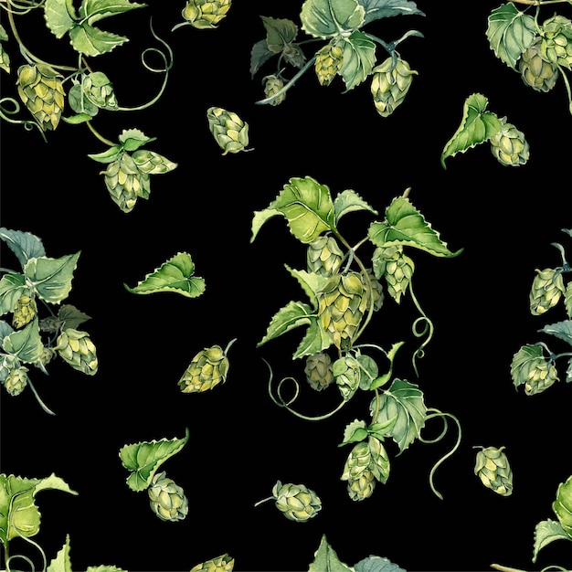 Hop vine plant humulus watercolor seamless pattern isolated on black background Hop on brunch