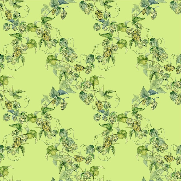 Hop vine plant humulus watercolor seamless pattern isolated on green background Hop on brunch with leaves hop cones hand drawn Design element for wrapping label packaging paper textile