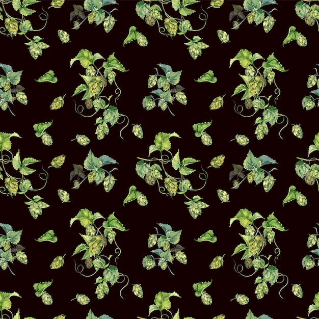Hop wijnstok plant humulus waterverf naadloos patroon geïsoleerd op zwart Hop op brunch