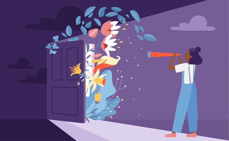Vector hope for bright future new opportunity woman looking through spyglass at open door