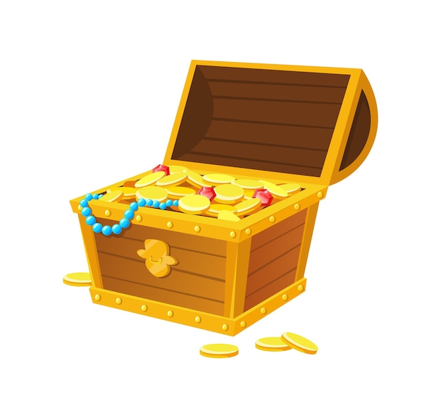 Hope chest. Open treasures case with bullion and medieval cash cartoon vector