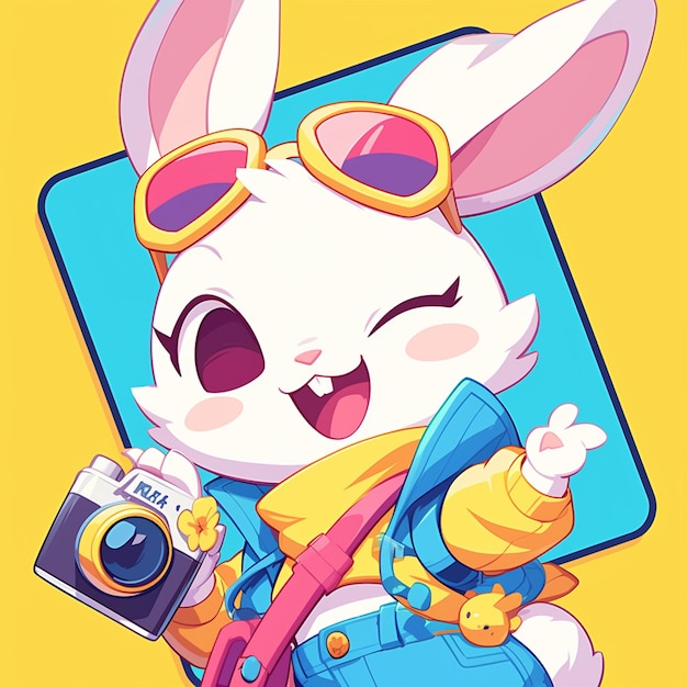 Vector a hopping rabbit photographer cartoon style