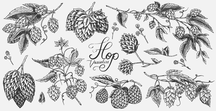 Vector hops and barley malt beer engraved vintage set hand drawn collection sketch for web or pub menu design elements isolated on white background
