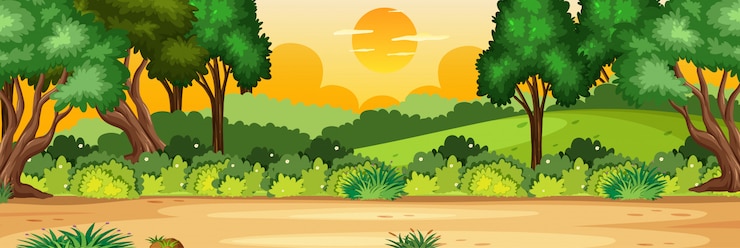 Vector horizon nature scene or landscape countryside with forest view and yellow sunset sky view