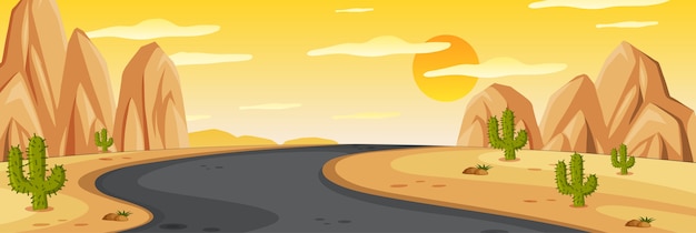 Vector horizon nature scene or landscape countryside with middle road in desert view and yellow sunset sky view