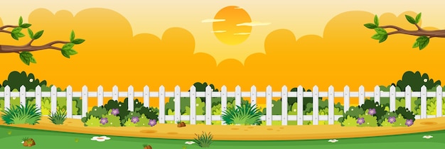 Vector horizon nature scene or landscape countryside with part of fence view and yellow sky