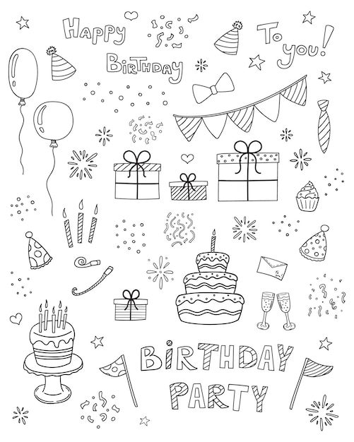 Horizontaal doodle patroon met verjaardag elementen cake kaarsen guirlande geschenken confetti groet