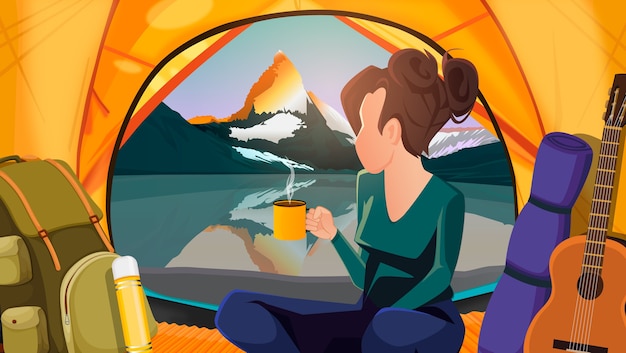 Vector horizontaal landschap met een berg en een meisje in een tent