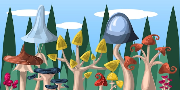 Vector horizontaal landschap met paddenstoelen cartoon achtergrond met een fantastisch paddenstoelenbos