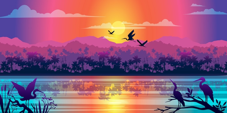 Vector horizontaal tropisch landschap met contouren van jungle, rivier, mangrove, zonsopgang en vogels