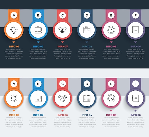 Vector horizontaal uitgelijnde infographics-sjabloon met 06 stappen cirkelgegevens