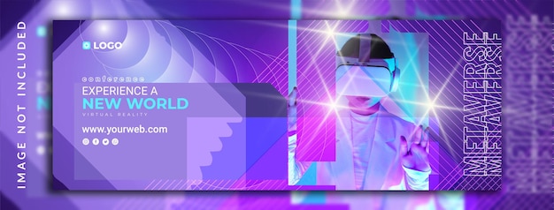 Horizontaal verticaal abstract en neonlichteffect met gradiënt virtual reality metaverse live conferentieconcept twitch bannerontwerp voor facebook omslag met manfoto