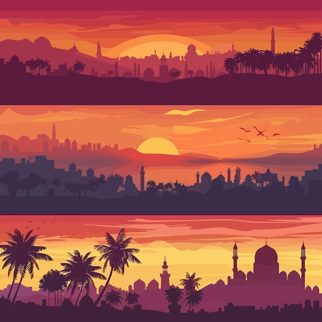 Vettore horizontal_abstract_banners_of_arab_city_with_palm_tree