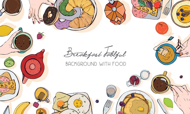 Horizontal advertising banner on breakfast theme. Backdrop with drink, pancakes, sandwiches, eggs, croissants and fruits. Top view. Colorful   hand drawn background with place for text.