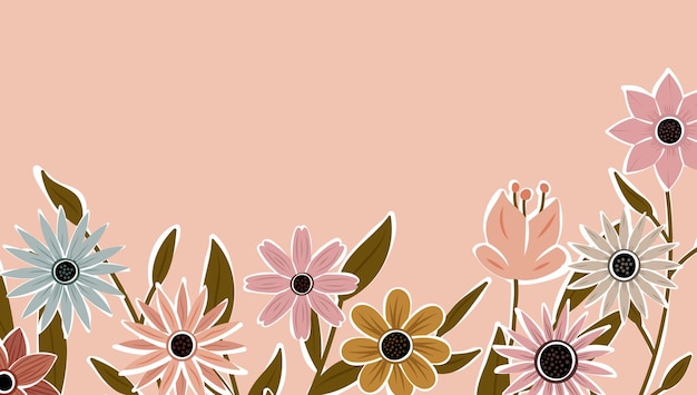 Vector horizontal backdrop decorated with blooming flowers and leaves border. abstract art nature background vector. trendy plants frame. flower garden. botanical floral pattern design for summer sale banner