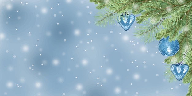 横の背景は松の枝と杉の枝で青いおもちゃと雪が描かれています水彩画とマーカーで描かれたイラスト新年用の常緑のクリスマス装飾はセダースの木で手描きの孤立した芸術です