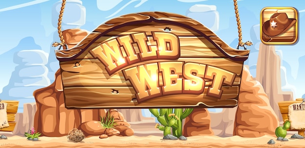 ソーシャルネットワークに登録するためのゲームwildwestの水平バナーとアイコン