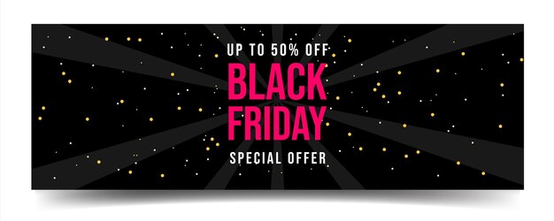 Vector horizontal banner black friday sale special offer up to 50 off vector illustration of discount template black background