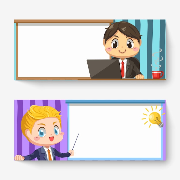 Horizontal Banner of businessman use laptop and has good idea in meeting room in cartoon character, isolated flat illustration