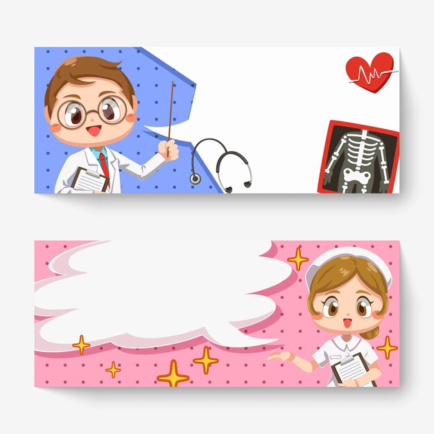 Horizontal banner of cheerful doctor man with x-ray film and lovely nurse with speech bubble in cartoon character, isolated flat illustration