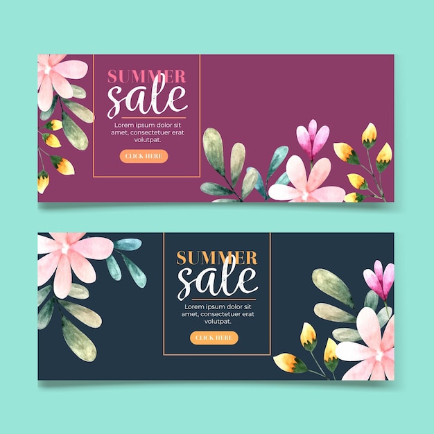 Vector horizontal banner collection for sale with watercolor flowers