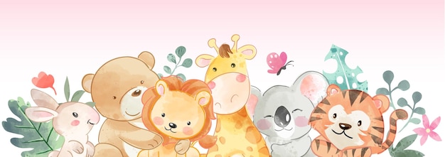 Vector horizontal banner of cute animal friends illustration