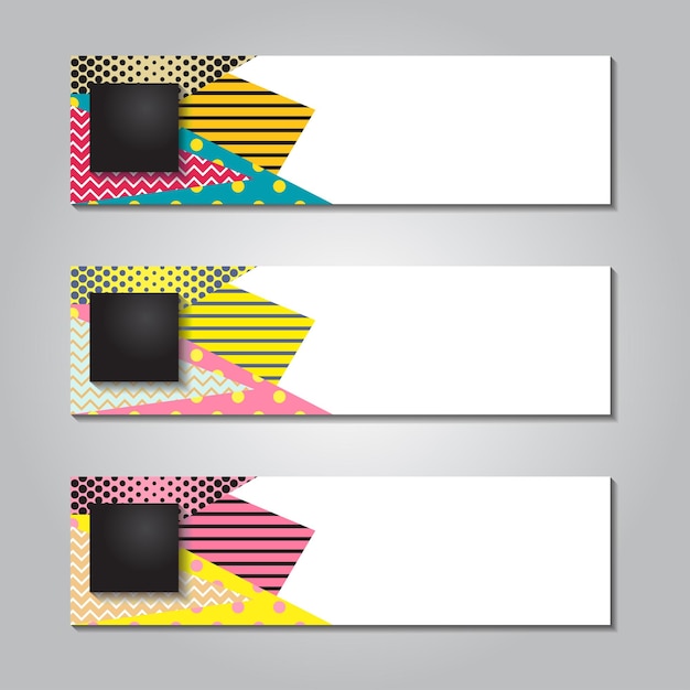 Design banner orizzontale con punti quadrati e sfondo a righe memphis