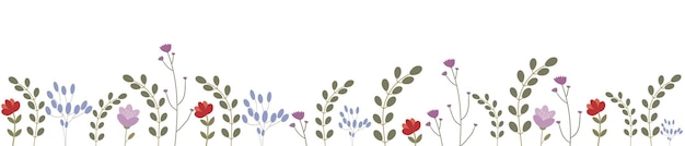 Horizontal banner or floral background decorated with beautiful colorful wildflowers and leaves