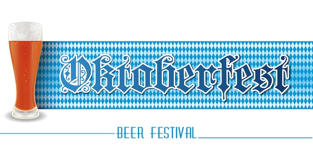 ベクトル オクトーバーフェストの水平型バナー。白と青の背景にビールのグラス。ビール祭りのデザイン。