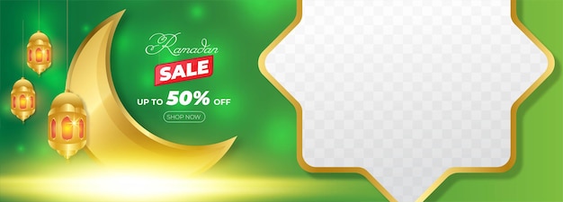 Horizontal banner ramadan kareem sale with glowing moon