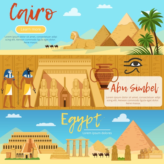 Horizontal banner set of egypt landscape in cartoon style