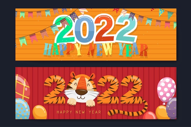 Horizontal banner set of greeting new year 2022, design in colorful element of party and lettering happy new year, and tiger cartoon, vector illustration