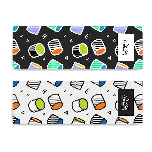 가로 배너 세트, 가로 방향, 팝 아트 스타일의 3d 그래픽이있는 템플릿 다채로운 패턴.