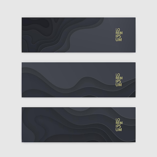 Horizontal banner set, template with dark, paper cut design.