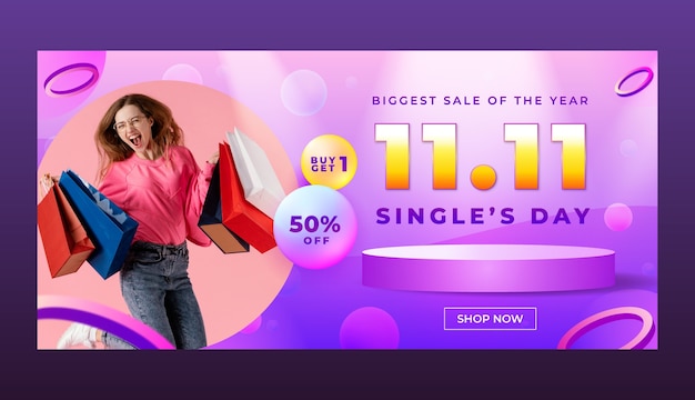 Vector horizontal banner template for 11.11 single's day sales event