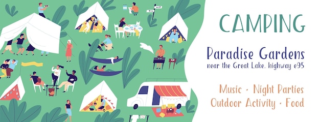 Horizontal banner template for camping festival with a place for text. Summer vacation in tent city. People relaxing outdoors. Summertime activity. Vector illustration in flat cartoon style.