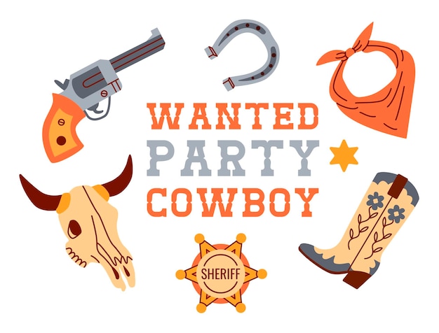 Modello di banner orizzontale per invito a una festa da cowboy decorato da stivali con cappello a pistola a ferro di cavallo illustrazione vettoriale piatta