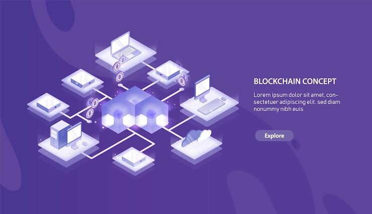 Vector horizontal banner template with computers connected into blockchain formation or bitcoin network and place for text. isometric vector illustration for cryptocurrency service internet advertisement.