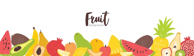 Horizontal banner template with fresh organic summer exotic tropical juicy fruits at bottom border