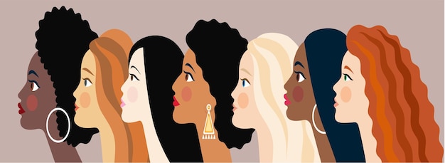Vector horizontal banner on the theme of multiculturalism girls of different nationalities skin color and