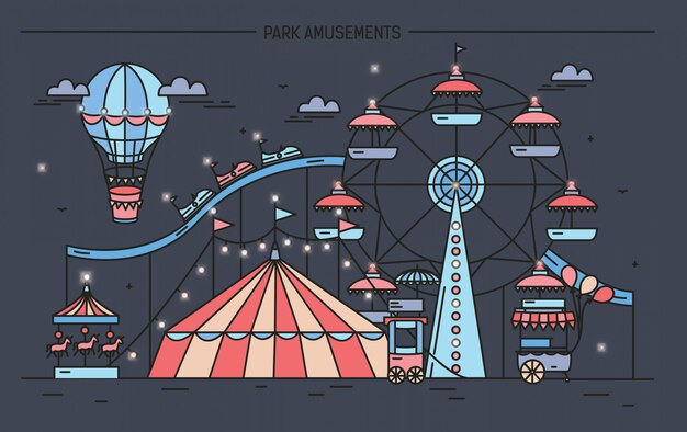 Горизонтальный баннер с парком развлечений. цирк, колесо обозрения, аттракционы, вид сбоку с аэростатом в воздухе. красочная линия искусства иллюстрации на темном фоне.