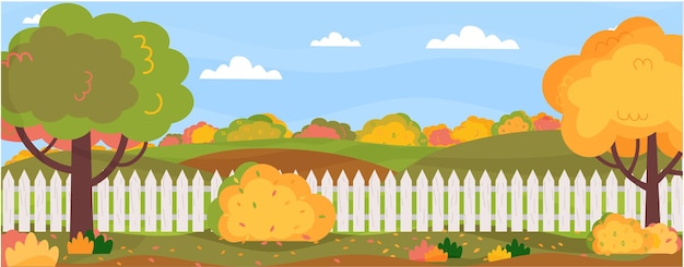 Horizontal banner with autumn landscapeGarden backyard farm at autumn time Trees bushes grass