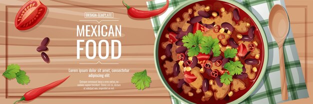 Vector horizontal banner with bean soup delicious dish with kidney beans traditional mexican food