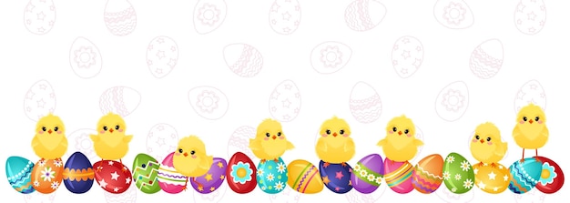 Vector horizontal banner with easter eggs and chickens