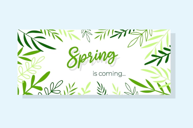 Горизонтальный баннер с вручную нарисованными листьями и надписью "Приближается весна" в минималистском стиле