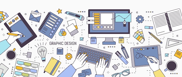 Vector horizontal banner with hands of designer working on computer or drawing on tablet surrounded by office supplies and art tools. graphic design. colorful vector illustration in modern line art style