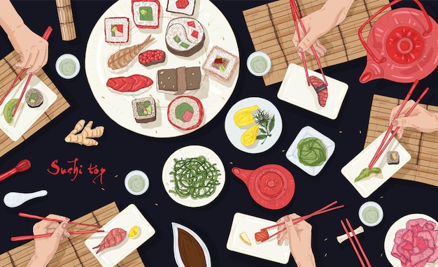 アジア料理店で日本食がいっぱいのテーブルに座って寿司を食べる人々の横のバナー