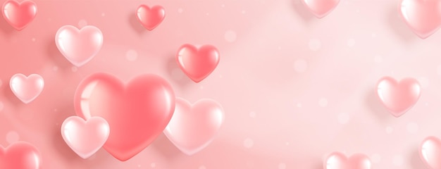 Horizontal banner with pink heart-shaped balloons on a pink background. Romantic illustration for Valentine's Day and International Women's Day.