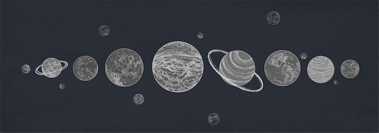 Vector horizontal banner with planets of solar system arranged in row against dark background. celestial bodies or cosmic objects in outer space. retro vector illustration in black and white colors.
