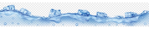 Vector horizontal banner with seamless wave translucent blue ice cubes and many air bubbles floating in water on transparent background transparency only in vector format